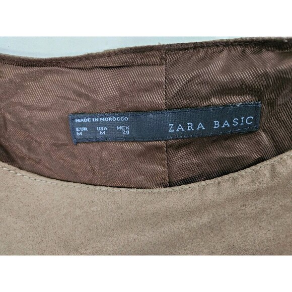 Zara Basic Faux Suede Brown Shift Dress Size M Lined Cap Sleeve Babydoll - Picture 7 of 9